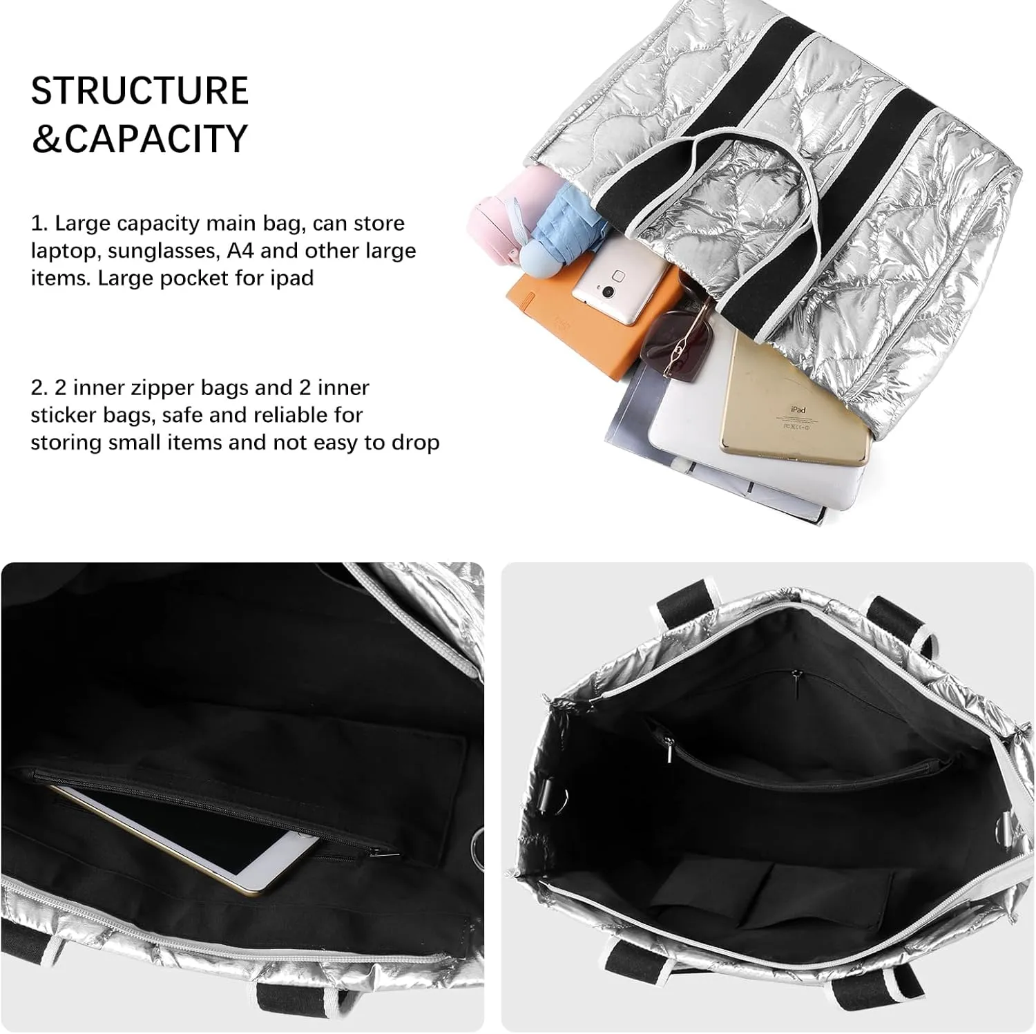 Tote Bag for Women Large Quilted Handbag Detachable Strap Crossbody Bag Down Cushion Shoulder Handbag