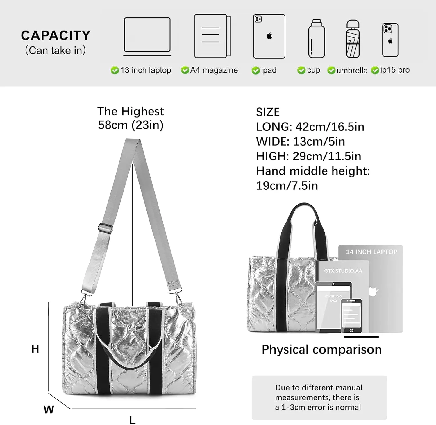 Tote Bag for Women Large Quilted Handbag Detachable Strap Crossbody Bag Down Cushion Shoulder Handbag