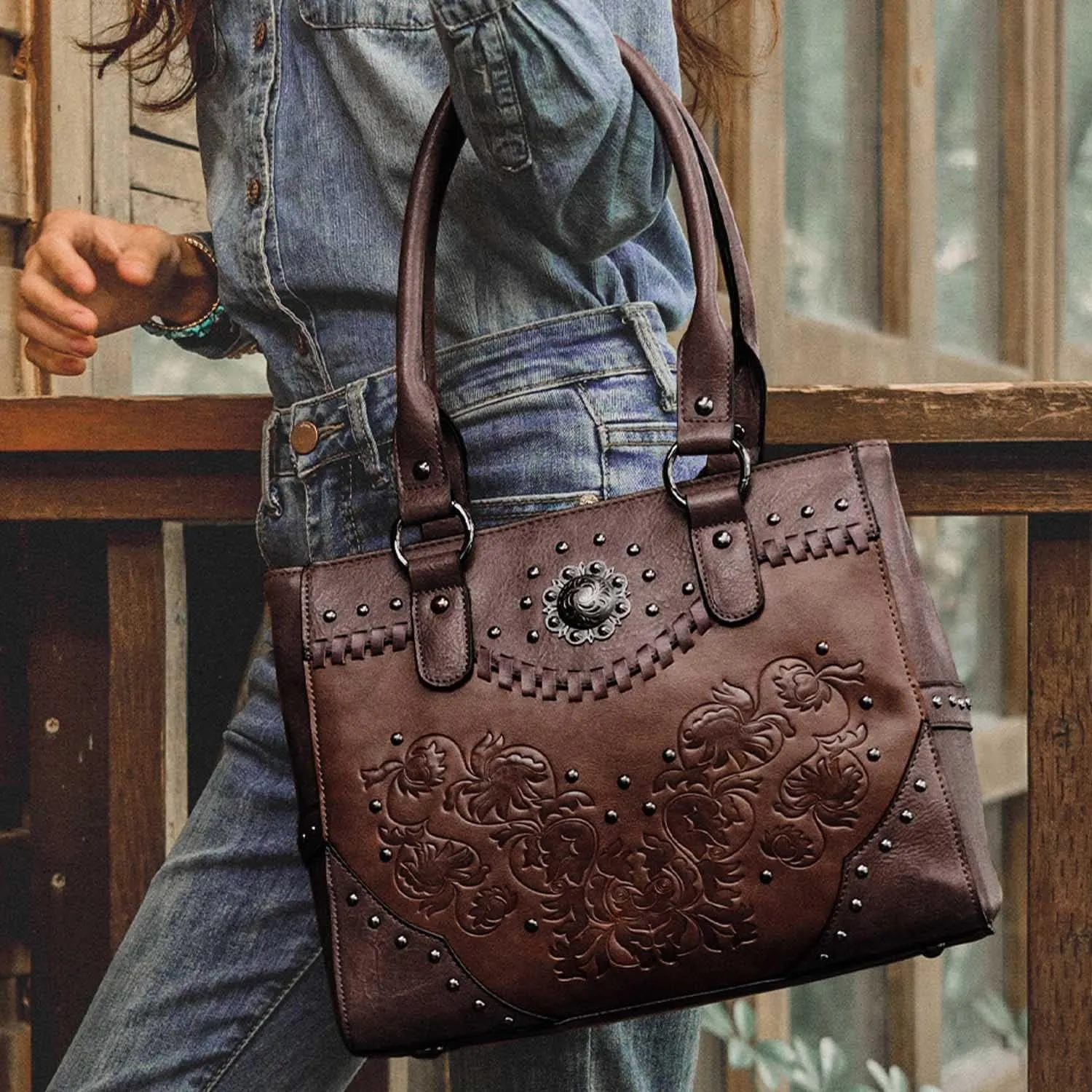 Tote Bag for Women Large Western Purse Ladies Top Handle Shoulder Handbags Vintage Embossed Concho Studs