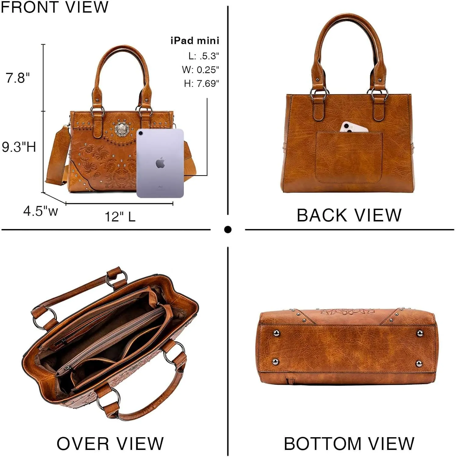 Tote Bag for Women Large Western Purse Ladies Top Handle Shoulder Handbags Vintage Embossed Concho Studs