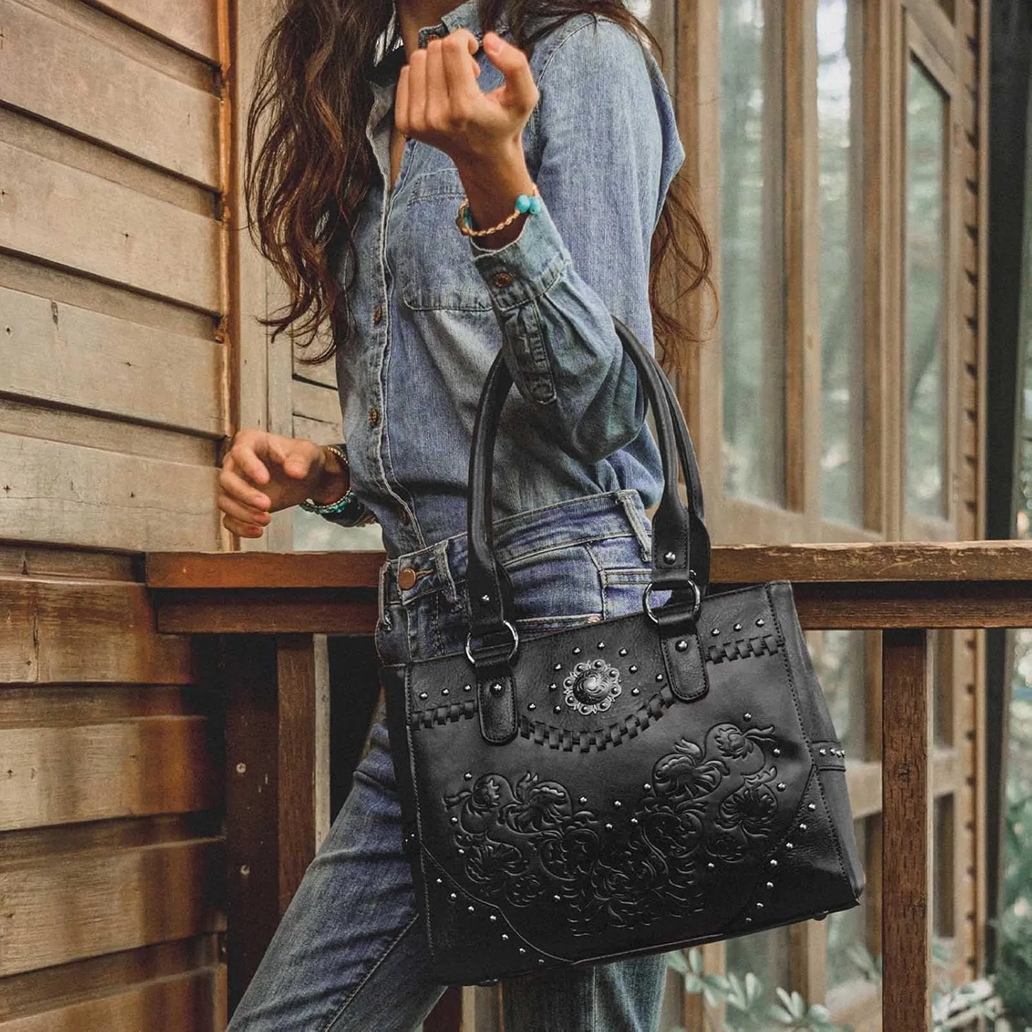 Tote Bag for Women Large Western Purse Ladies Top Handle Shoulder Handbags Vintage Embossed Concho Studs
