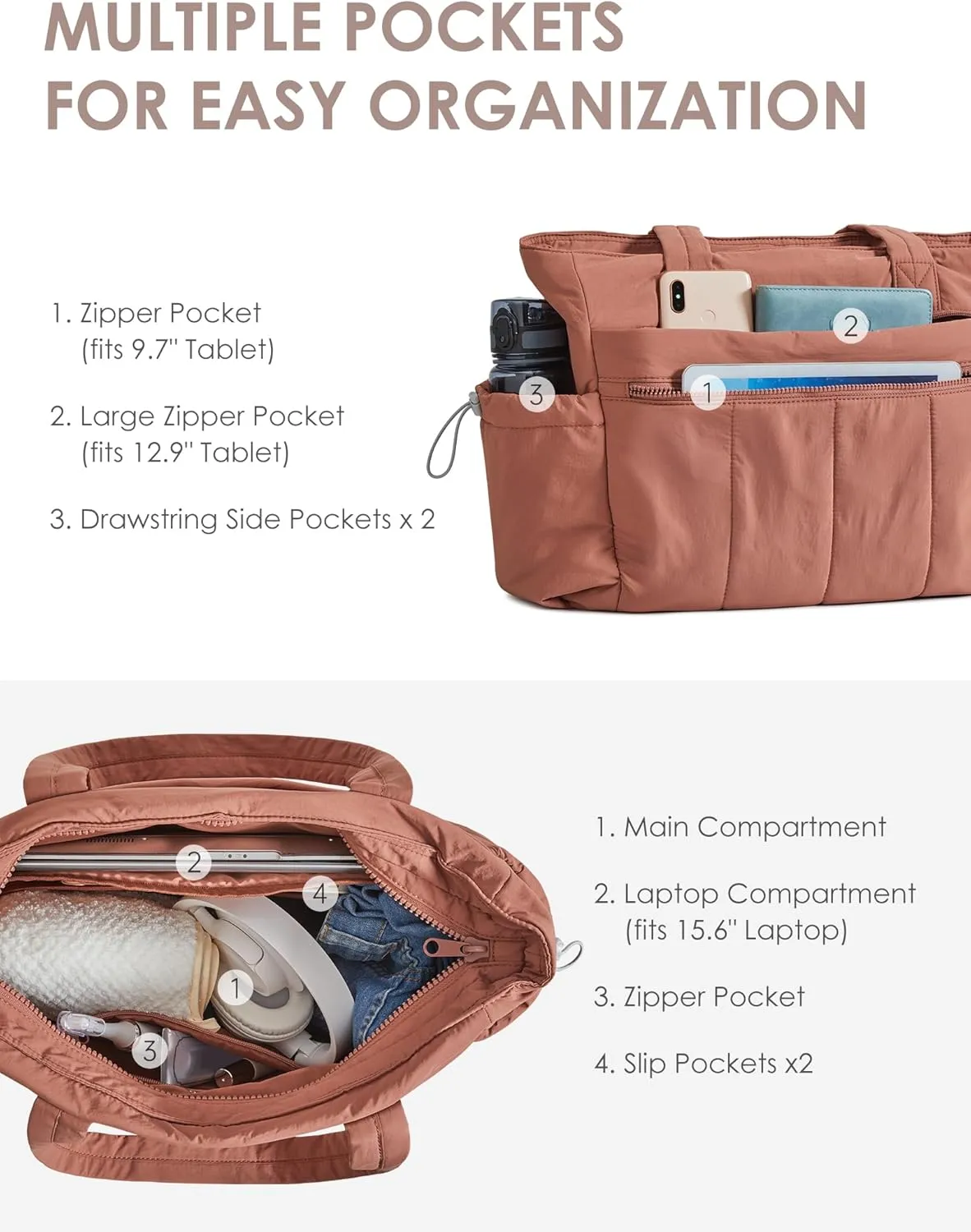 Tote Bag for Women, Lightweight Large Puffer Bag, Quilted Shoulder Purses Handbags for Travel Work