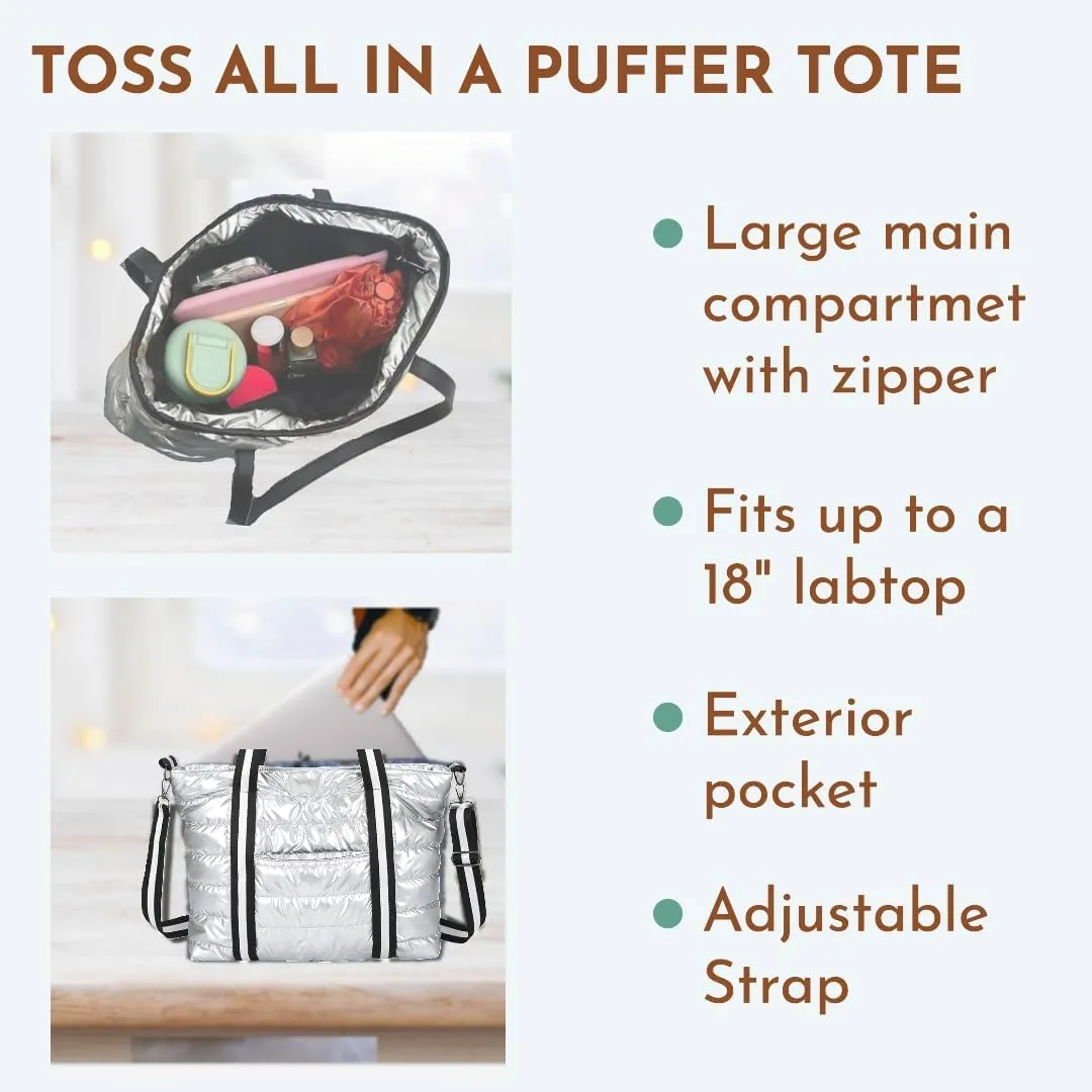 Tote Bag for Women, Quilted Puffer Tote Bag, Shoulder Handbag Crossbody Bag with Zipper for Travel Work Sports Best Gift