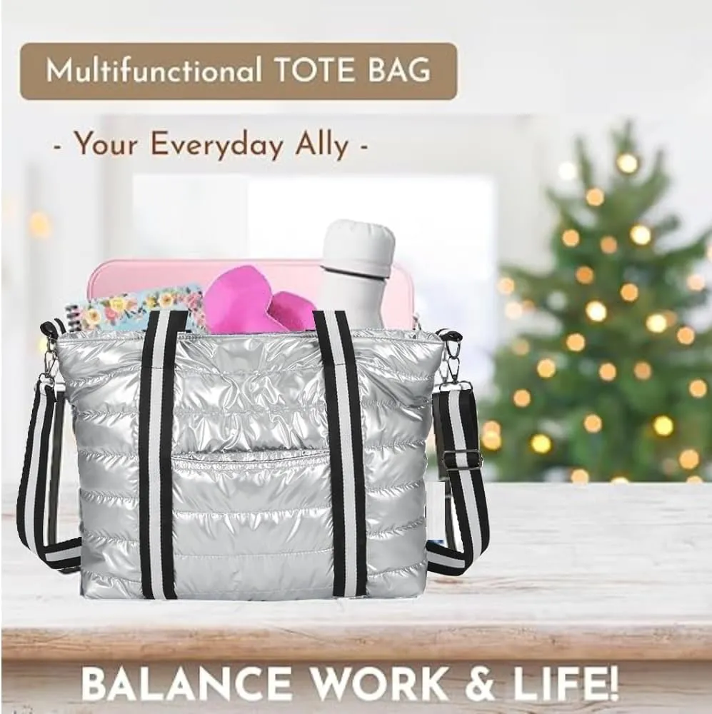 Tote Bag for Women, Quilted Puffer Tote Bag, Shoulder Handbag Crossbody Bag with Zipper for Travel Work Sports Best Gift
