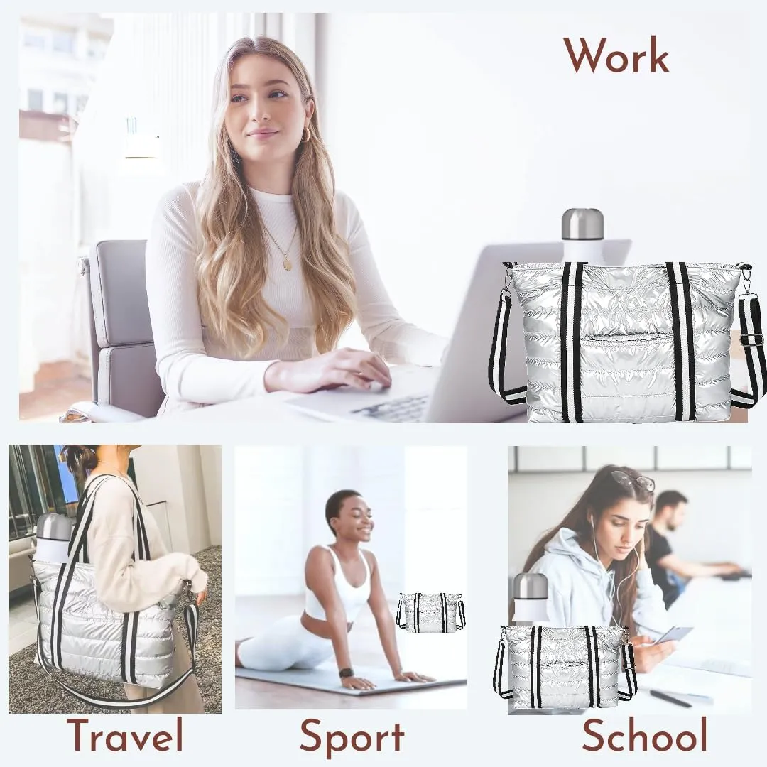 Tote Bag for Women, Quilted Puffer Tote Bag, Shoulder Handbag Crossbody Bag with Zipper for Travel Work Sports Best Gift