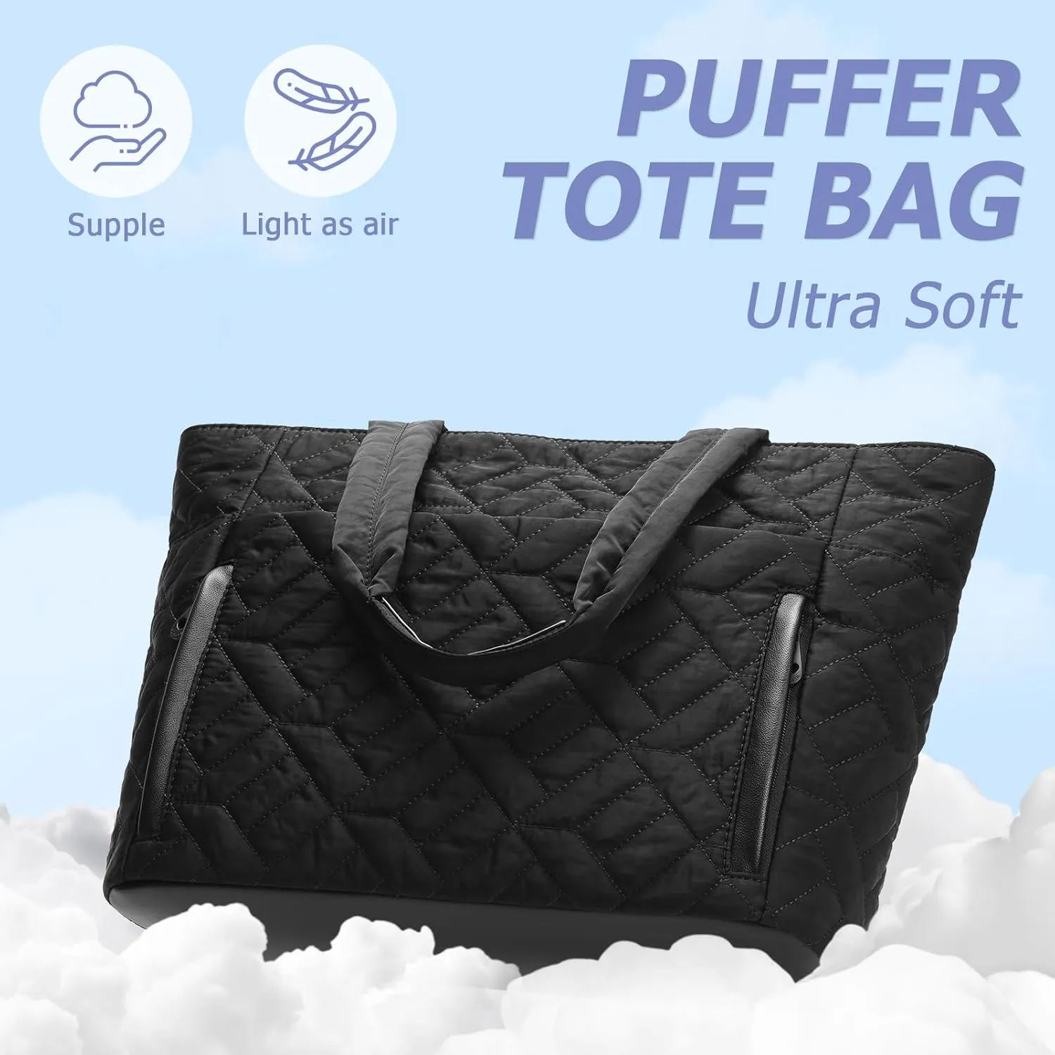 Tote Bag for Women, Quilted Puffer Tote Bag with Zipper, Large Shoulder Handbag Work Bag with Compartments for Travel