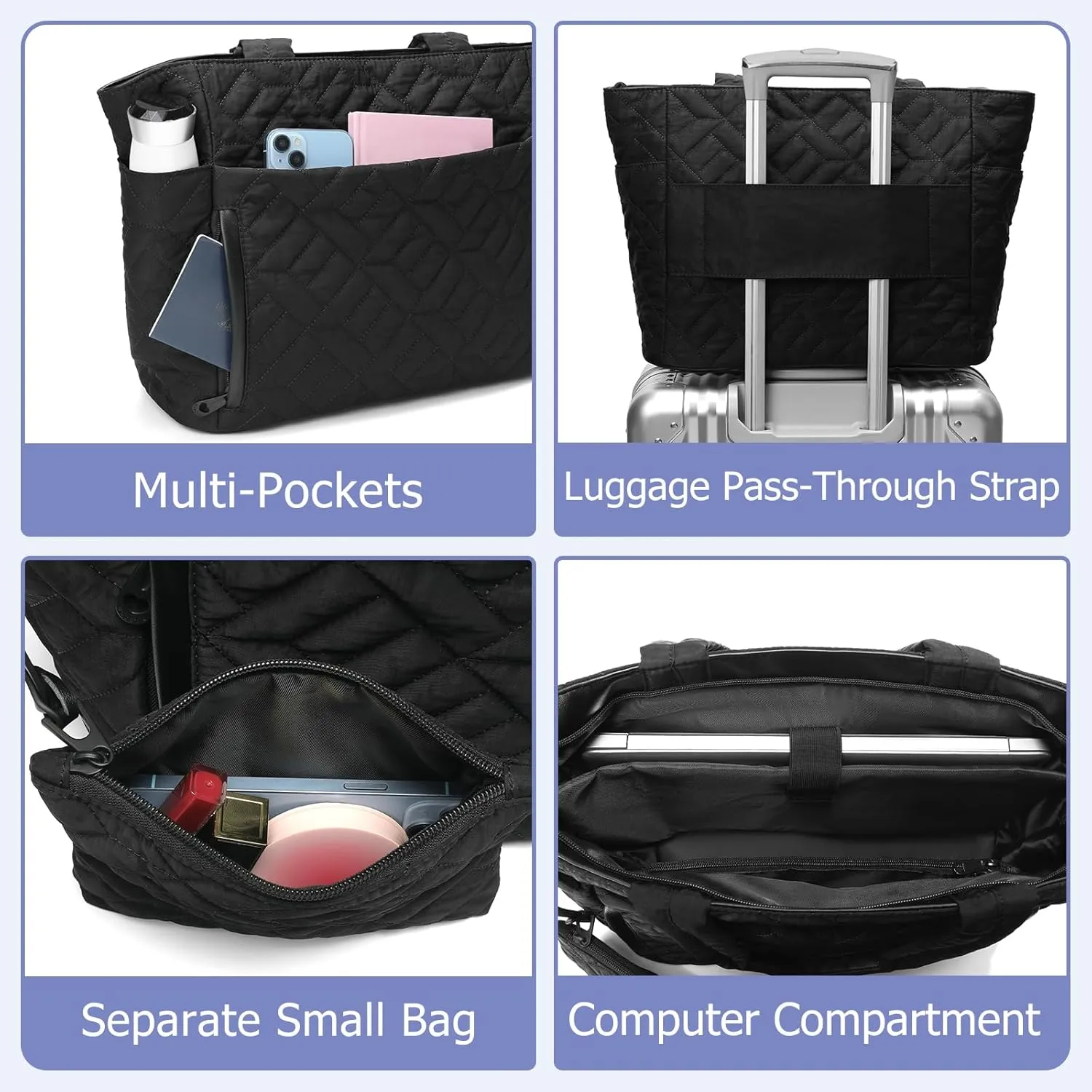 Tote Bag for Women, Quilted Puffer Tote Bag with Zipper, Large Shoulder Handbag Work Bag with Compartments for Travel