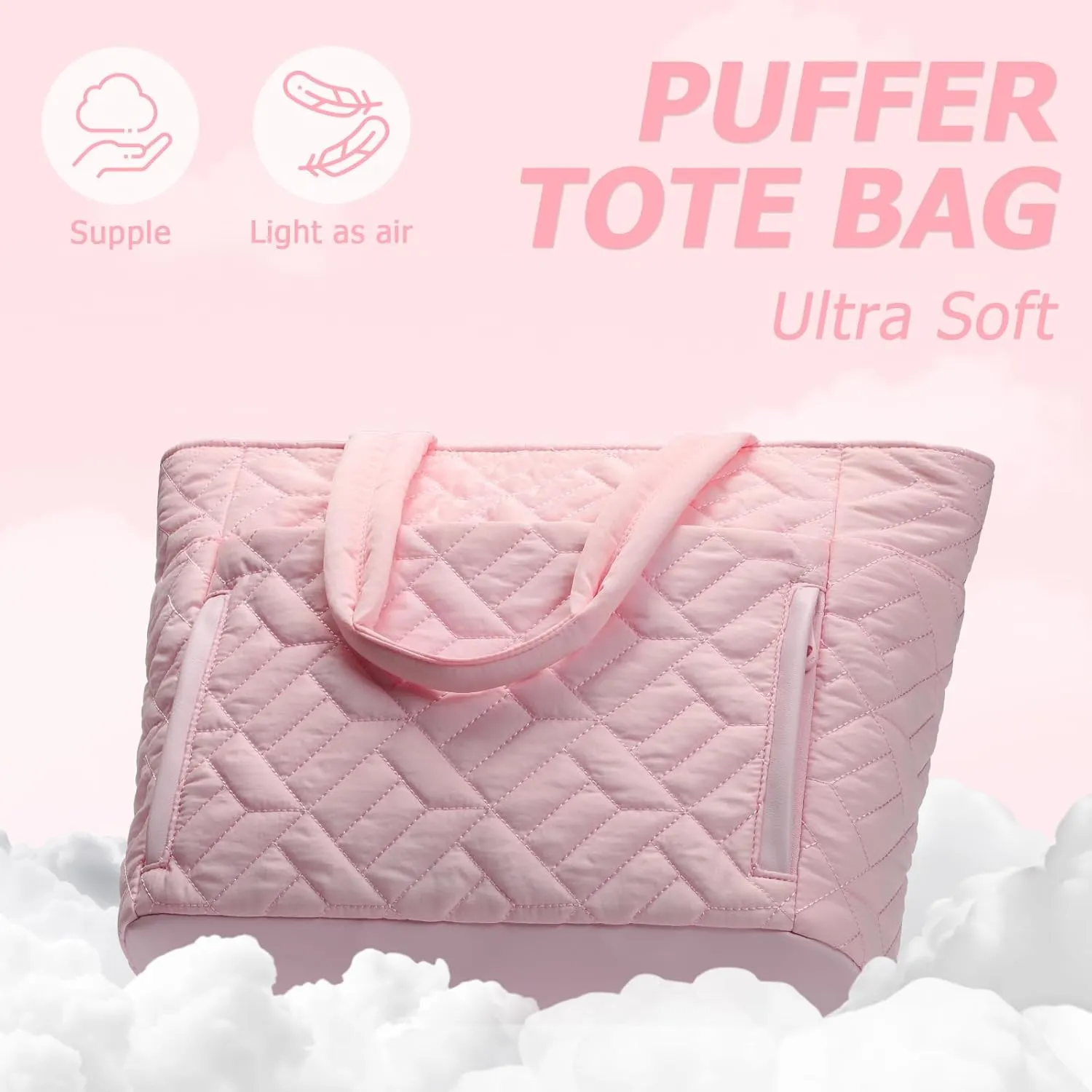 Tote Bag for Women, Quilted Puffer Tote Bag with Zipper, Large Shoulder Handbag Work Bag with Compartments for Travel