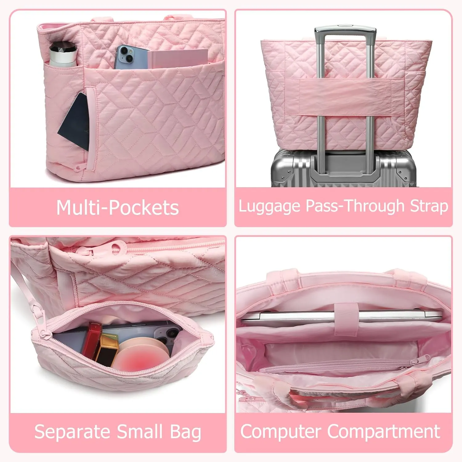 Tote Bag for Women, Quilted Puffer Tote Bag with Zipper, Large Shoulder Handbag Work Bag with Compartments for Travel
