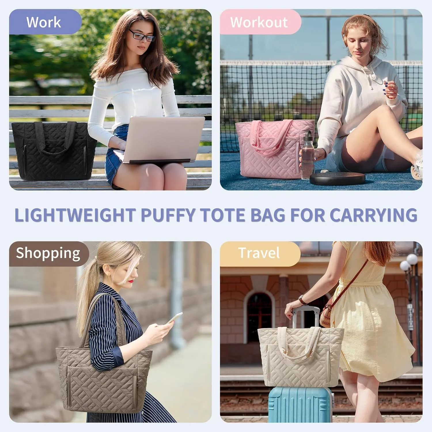 Tote Bag for Women, Quilted Puffer Tote Bag with Zipper, Large Shoulder Handbag Work Bag with Compartments for Travel