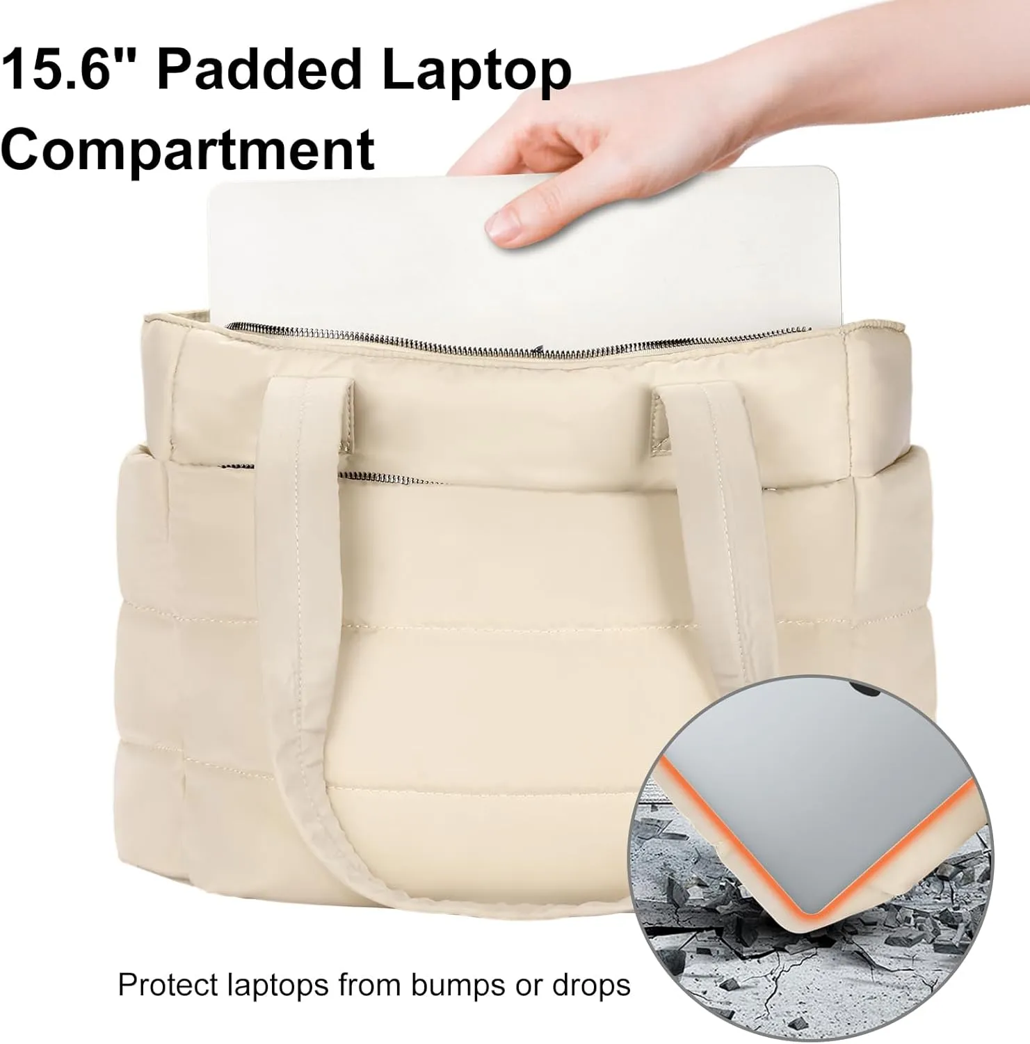 Tote Bag for Women with Zipper, Soft Lightweight Puffy Bag with Compartment, Quilted Handbag for Travel, Work, Sport