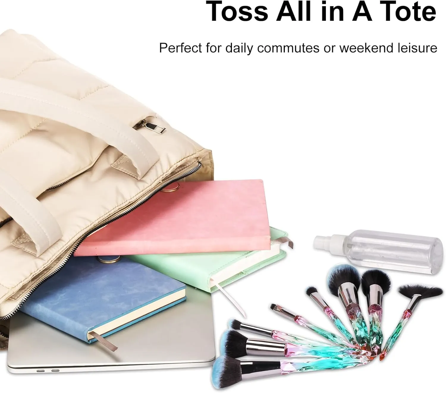 Tote Bag for Women with Zipper, Soft Lightweight Puffy Bag with Compartment, Quilted Handbag for Travel, Work, Sport