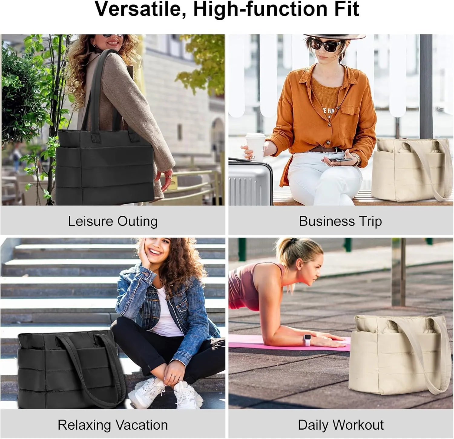 Tote Bag for Women with Zipper, Soft Lightweight Puffy Bag with Compartment, Quilted Handbag for Travel, Work, Sport