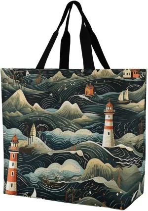 Tote Bag Grocery Bag for Women Shopping Bag A Black Lighthouse Handbags Beach Bag Shoulder Bag for Shopping