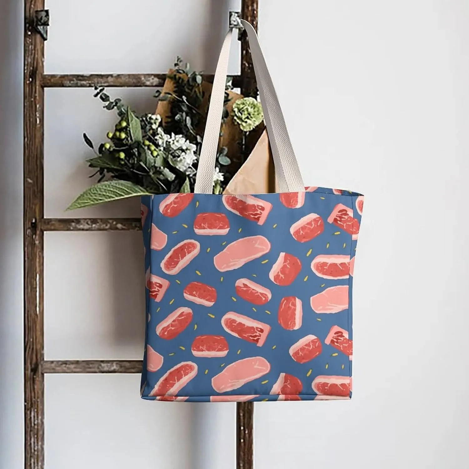 Tote Bag Laptop Handbag Meat Slices Pattern Grocery Bag Canvas Shoulder Bag Crossbody Bag for Travel