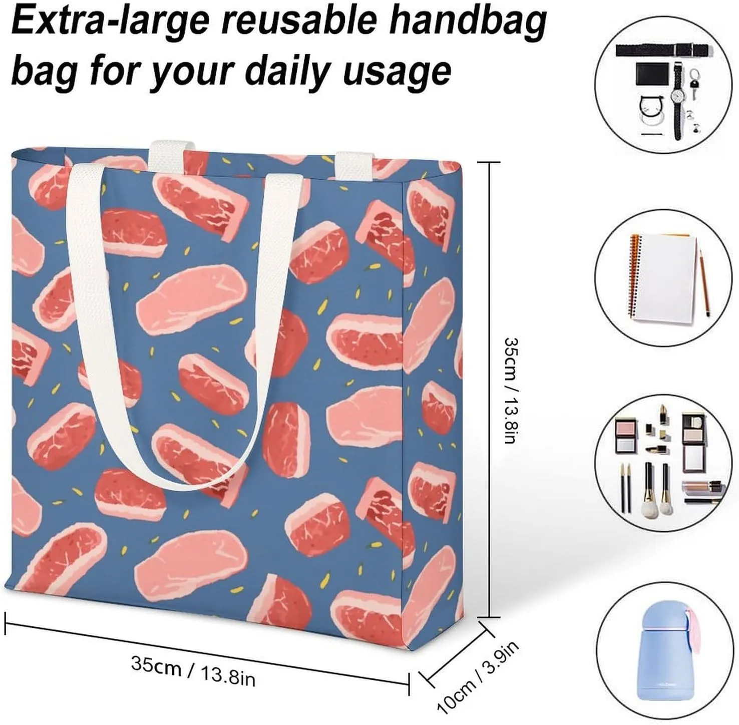 Tote Bag Laptop Handbag Meat Slices Pattern Grocery Bag Canvas Shoulder Bag Crossbody Bag for Travel