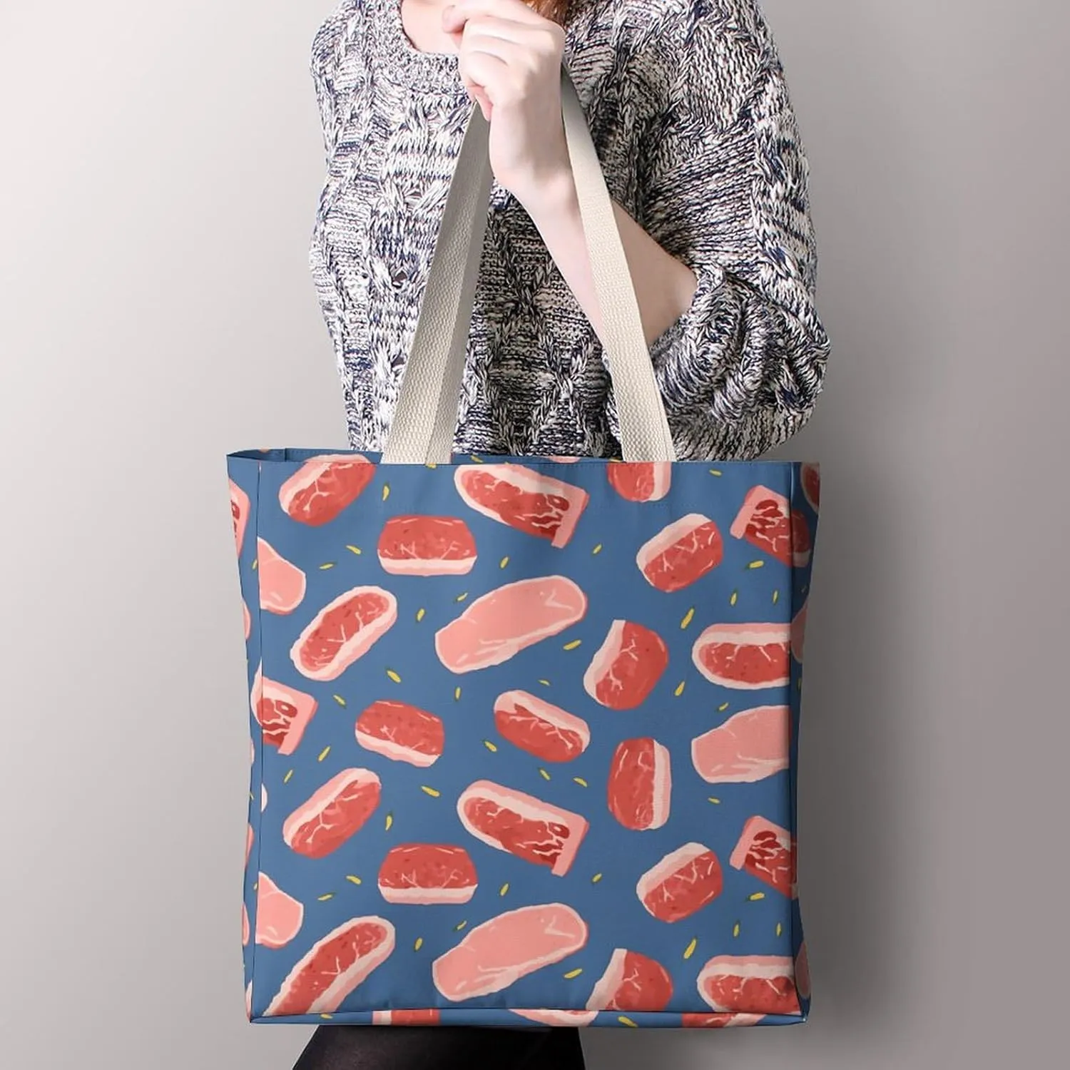 Tote Bag Laptop Handbag Meat Slices Pattern Grocery Bag Canvas Shoulder Bag Crossbody Bag for Travel