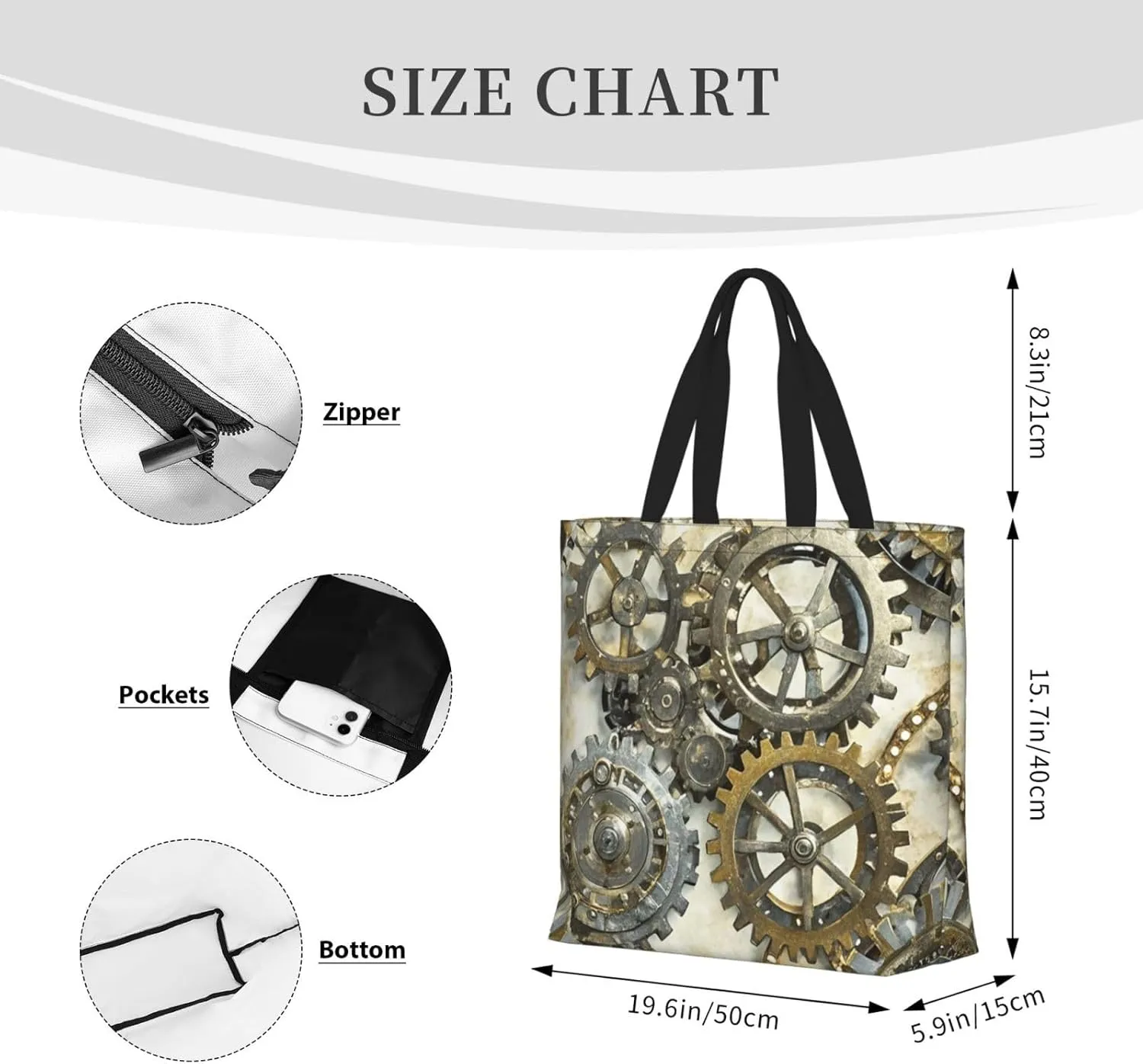 Tote Bag Large Capacity Grocery Bag With Zipper Teal Grey and White Floral Shopping Bag Shoulder Bag for Women