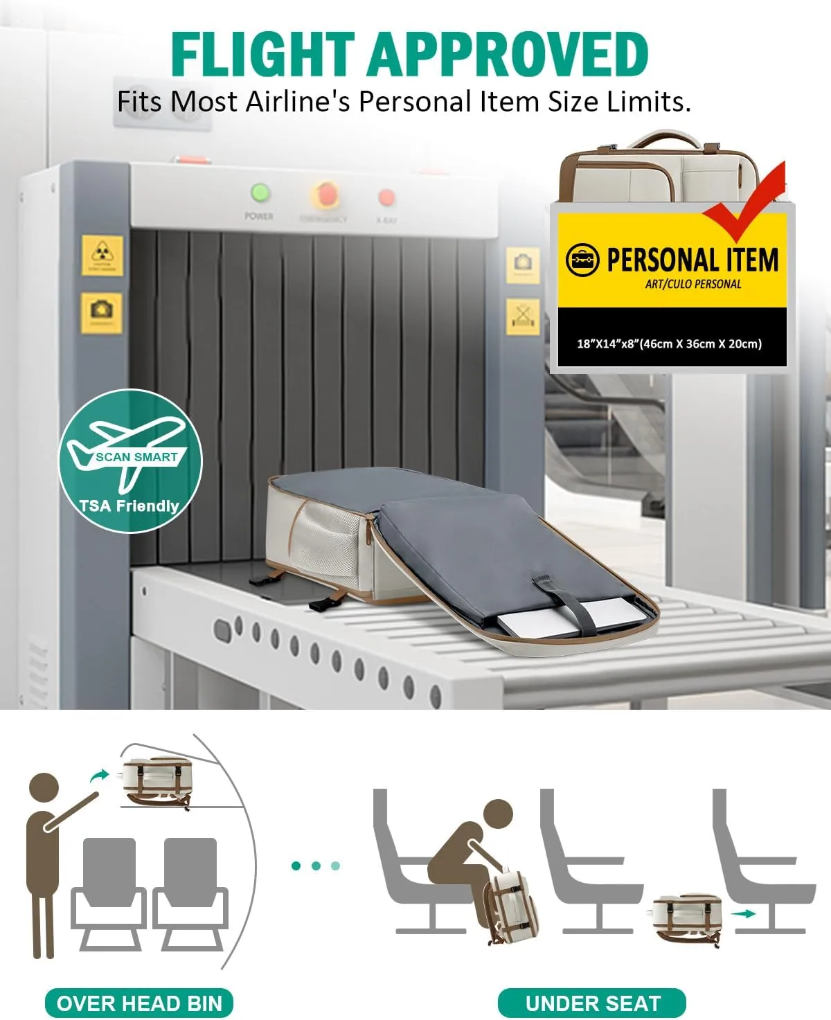 Travel Backpack For Women, Carry On Backpack for Men Flight Approved Airline Personal Item Travel Bag TSA Business 15.6 in Laptop Mochila, Travels Essentials Bookbag for Work Weekender Hiking (Beige)