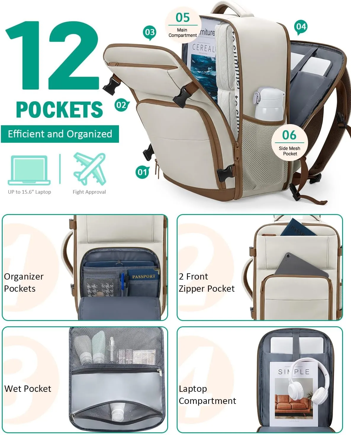 Travel Backpack For Women, Carry On Backpack for Men Flight Approved Airline Personal Item Travel Bag TSA Business 15.6 in Laptop Mochila, Travels Essentials Bookbag for Work Weekender Hiking (Beige)