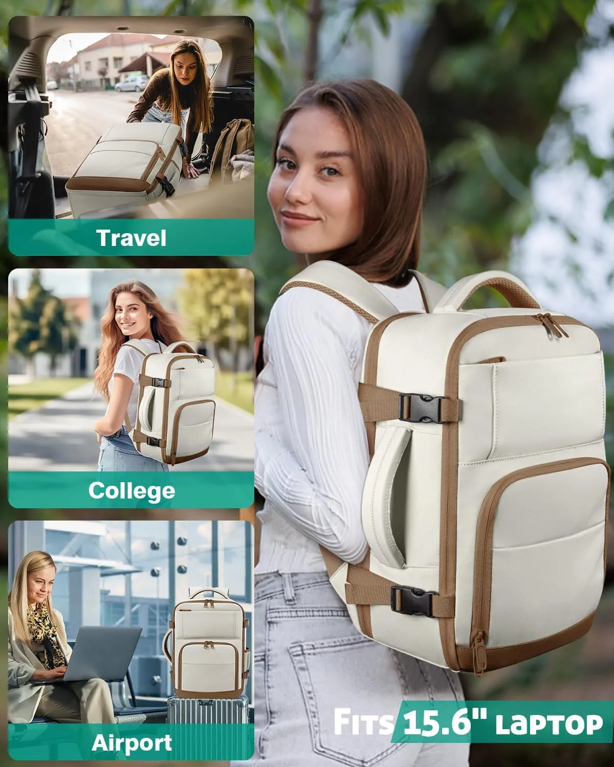 Travel Backpack For Women, Carry On Backpack for Men Flight Approved Airline Personal Item Travel Bag TSA Business 15.6 in Laptop Mochila, Travels Essentials Bookbag for Work Weekender Hiking (Beige)