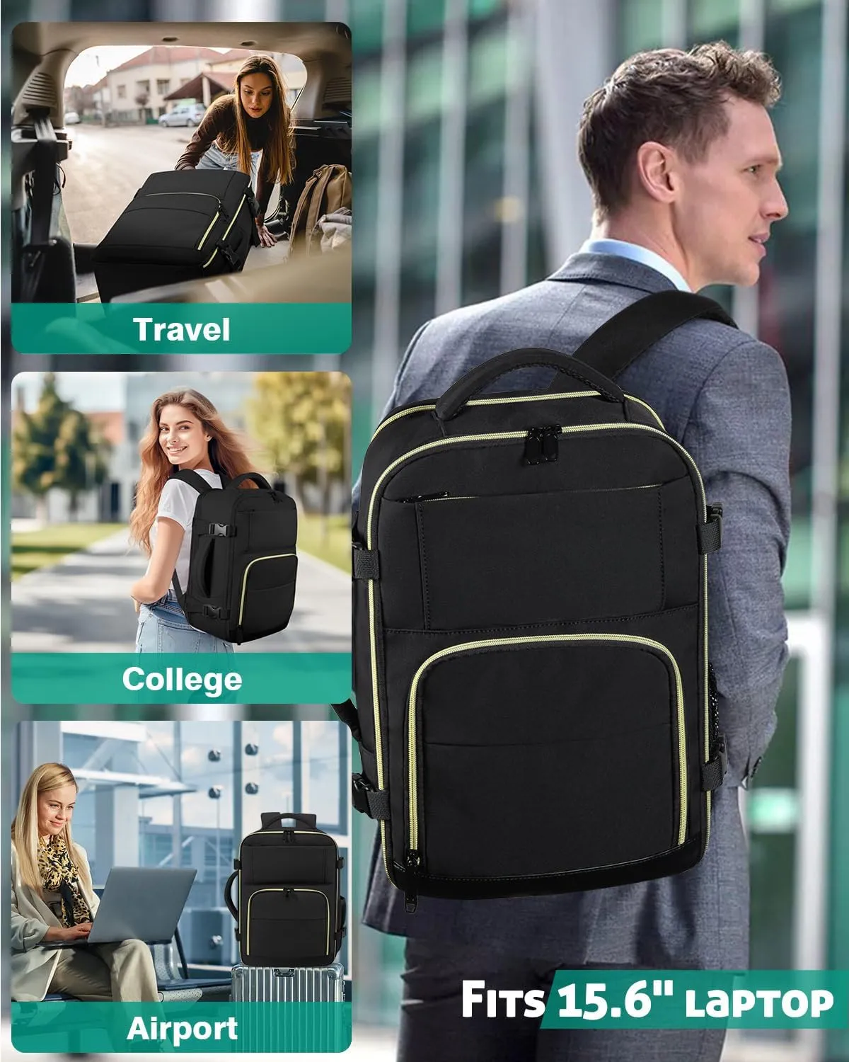 Travel Backpack For Women, Carry On Backpack for Men Flight Approved Airline Personal Item Travel Bag TSA Business 15.6 in Laptop Mochila, Travels Essentials Bookbag for Work Weekender Hiking (Black)