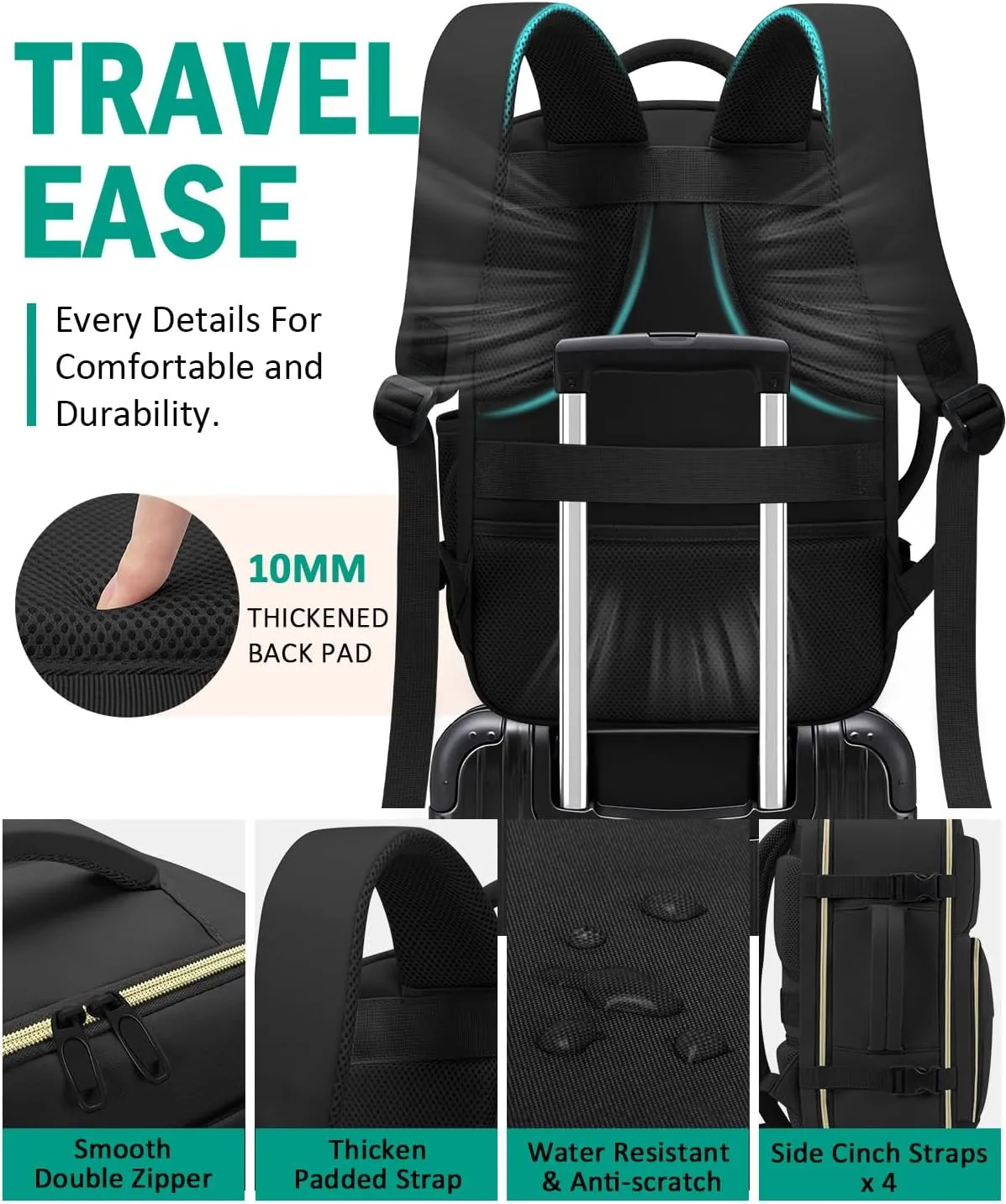 Travel Backpack For Women, Carry On Backpack for Men Flight Approved Airline Personal Item Travel Bag TSA Business 15.6 in Laptop Mochila, Travels Essentials Bookbag for Work Weekender Hiking (Black)
