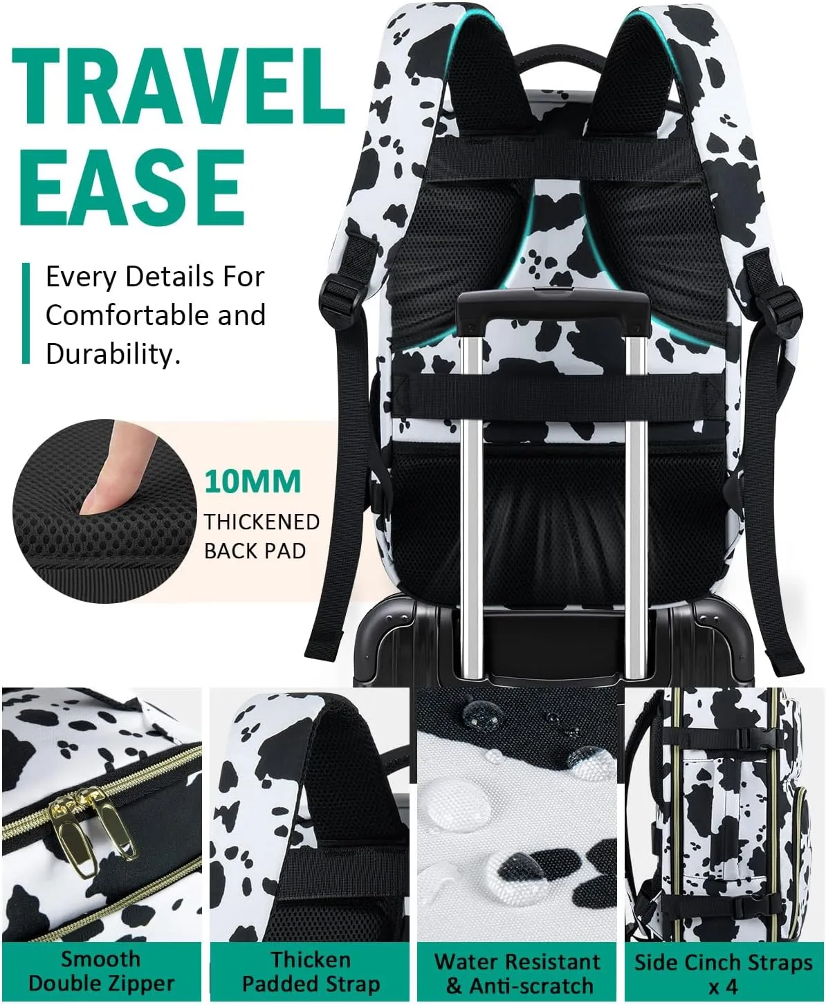 Travel Backpack For Women, Carry On Backpack for Men Flight Approved Airline Personal Item Travel Bag TSA Business 15.6 inch Laptop Mochila, Travels Essentials Bookbag for Hiking Work(Cow Print)