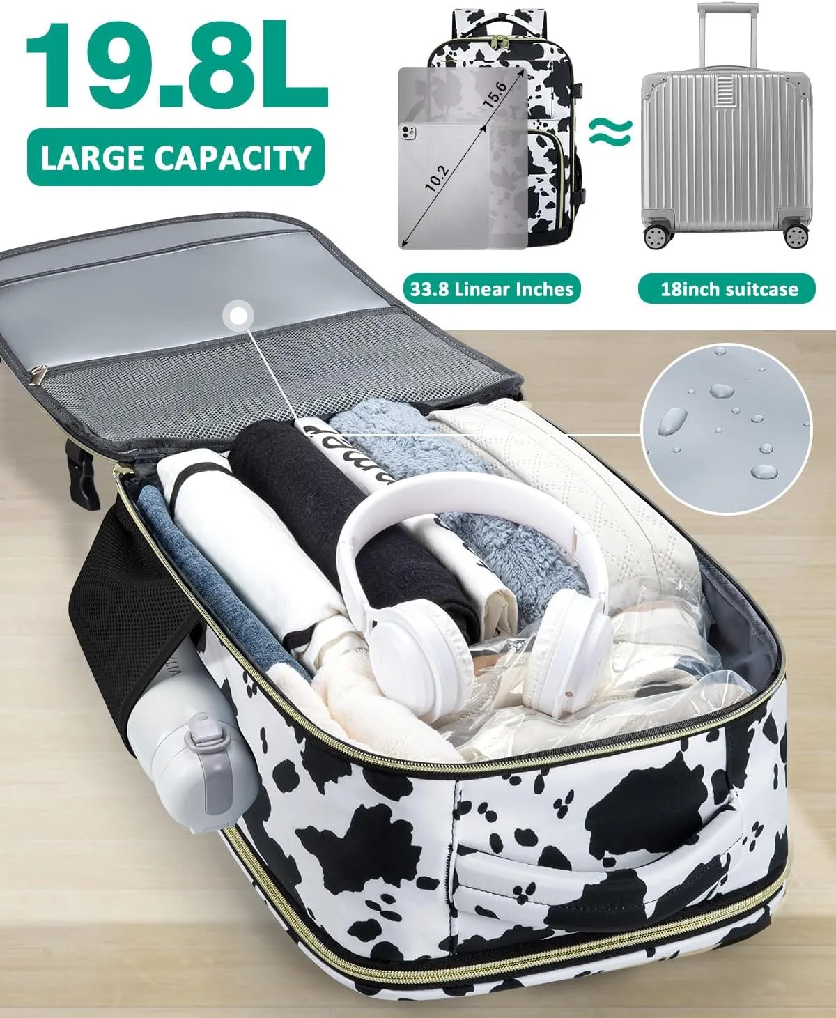 Travel Backpack For Women, Carry On Backpack for Men Flight Approved Airline Personal Item Travel Bag TSA Business 15.6 inch Laptop Mochila, Travels Essentials Bookbag for Hiking Work(Cow Print)