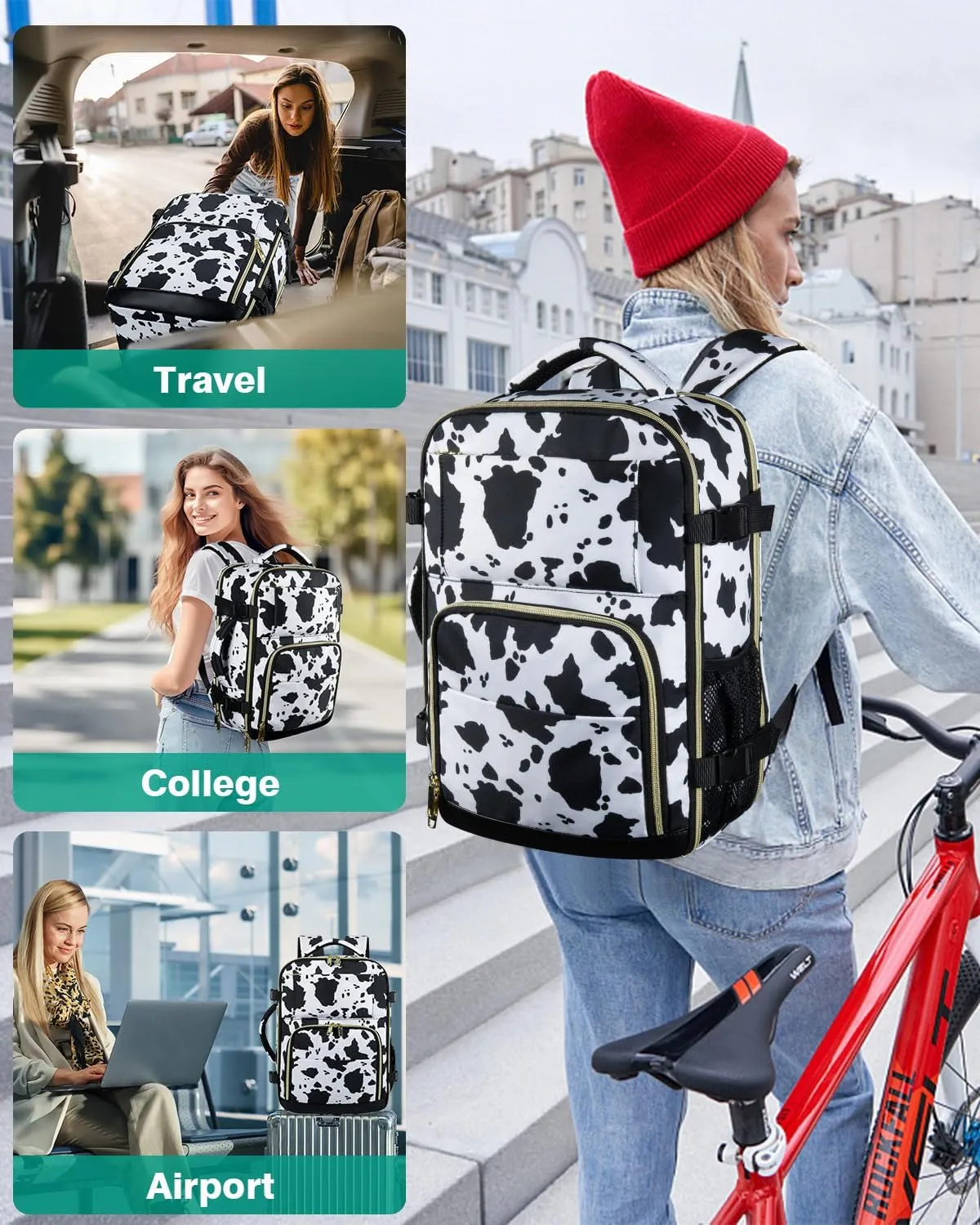 Travel Backpack For Women, Carry On Backpack for Men Flight Approved Airline Personal Item Travel Bag TSA Business 15.6 inch Laptop Mochila, Travels Essentials Bookbag for Hiking Work(Cow Print)