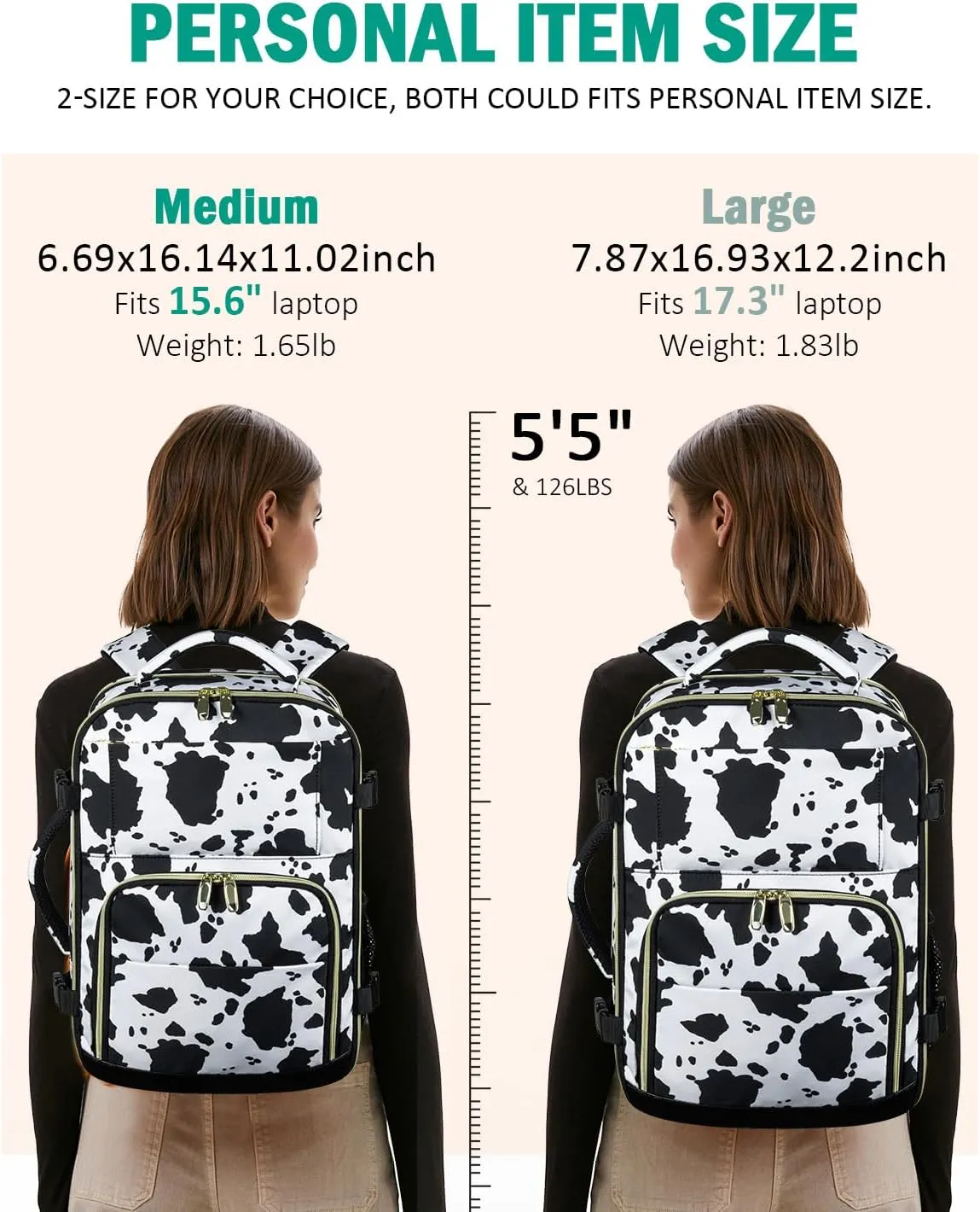 Travel Backpack For Women, Carry On Backpack for Men Flight Approved Airline Personal Item Travel Bag TSA Business 15.6 inch Laptop Mochila, Travels Essentials Bookbag for Hiking Work(Cow Print)