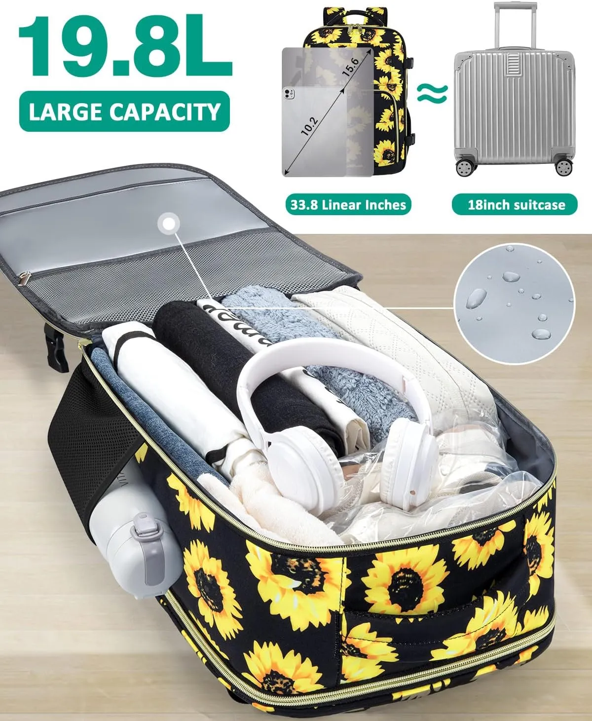 Travel Backpack For Women, Carry On Backpack for Men Flight Approved Airline Personal Item Travels Bag TSA Business 15.6 inch Laptop Mochila, Travel Essentials for Work Hiking Weekender (Sunflower)
