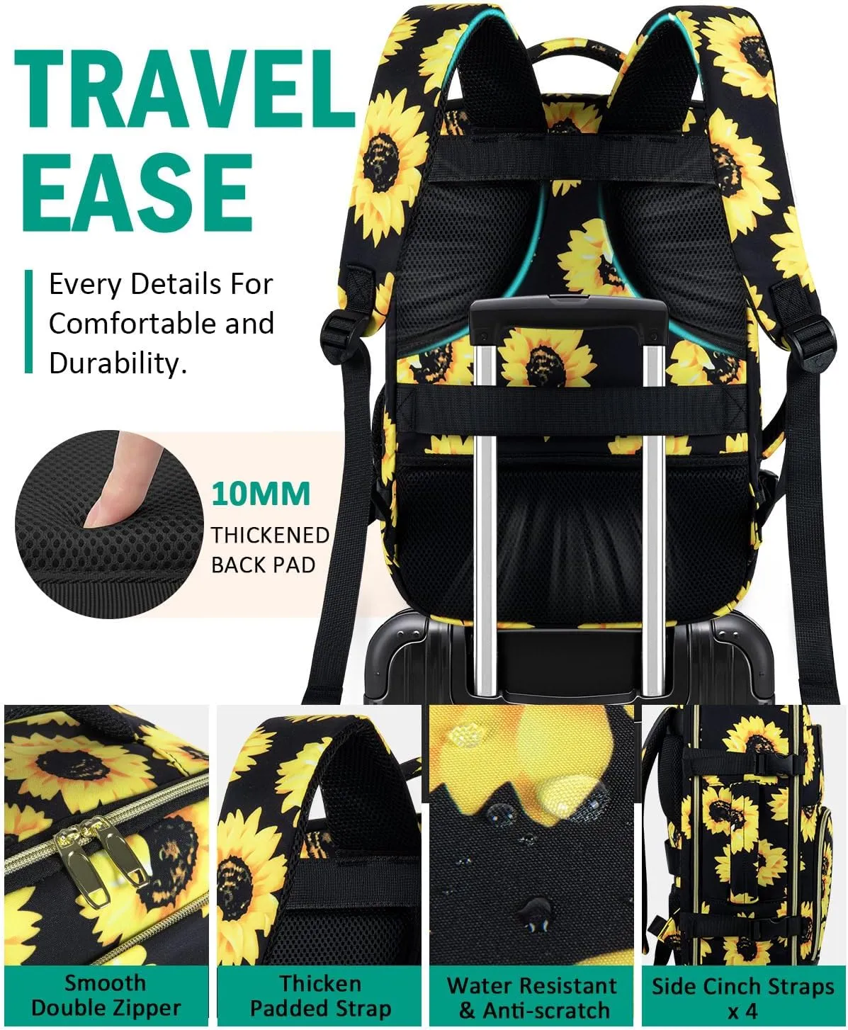 Travel Backpack For Women, Carry On Backpack for Men Flight Approved Airline Personal Item Travels Bag TSA Business 15.6 inch Laptop Mochila, Travel Essentials for Work Hiking Weekender (Sunflower)
