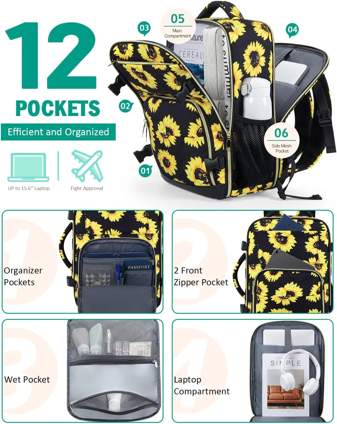 Travel Backpack For Women, Carry On Backpack for Men Flight Approved Airline Personal Item Travels Bag TSA Business 15.6 inch Laptop Mochila, Travel Essentials for Work Hiking Weekender (Sunflower)
