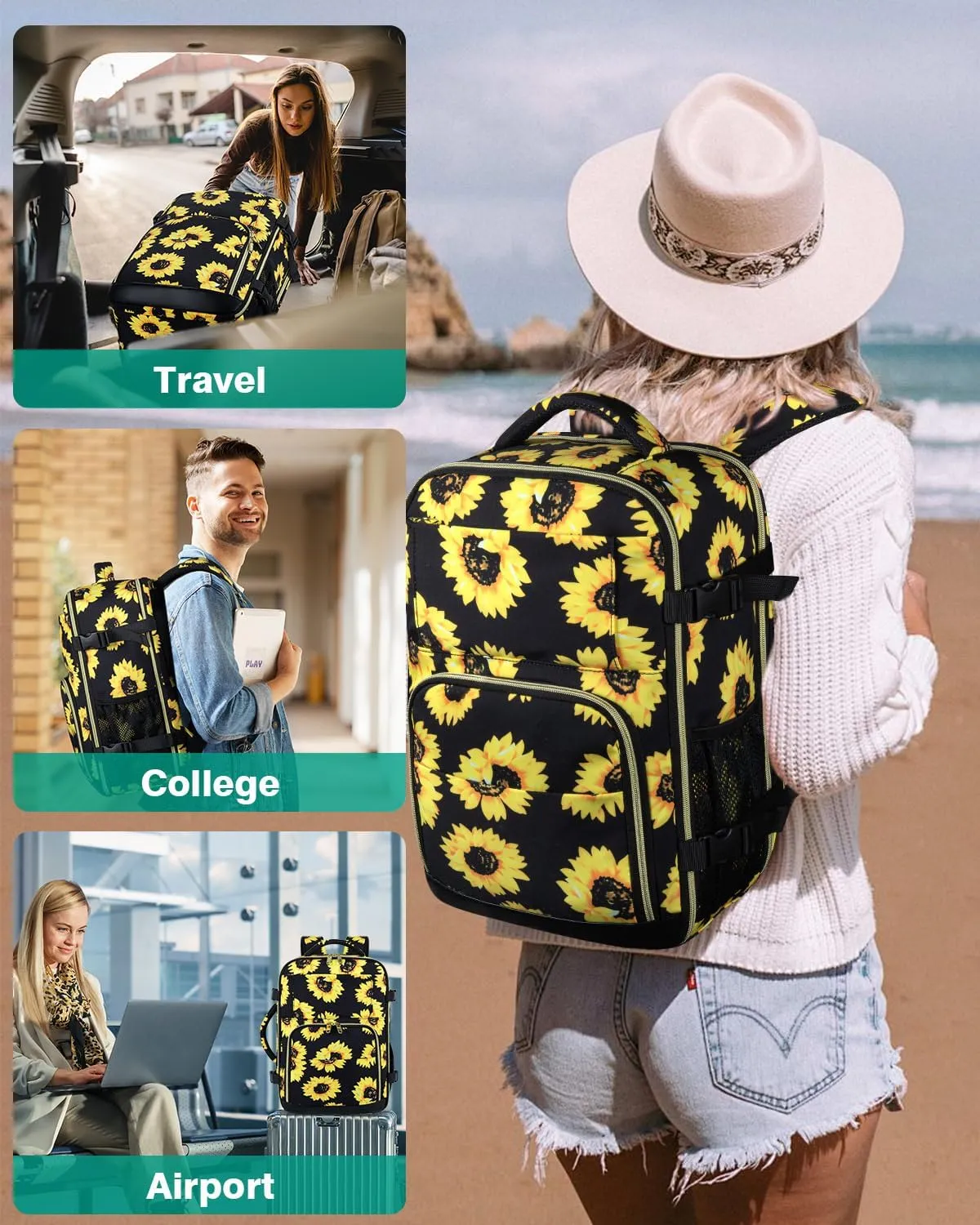 Travel Backpack For Women, Carry On Backpack for Men Flight Approved Airline Personal Item Travels Bag TSA Business 15.6 inch Laptop Mochila, Travel Essentials for Work Hiking Weekender (Sunflower)