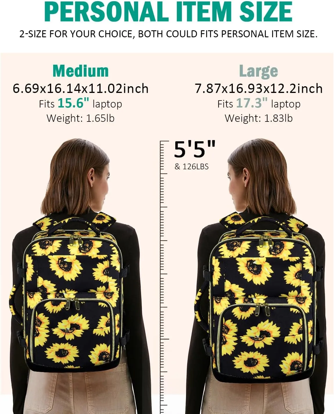 Travel Backpack For Women, Carry On Backpack for Men Flight Approved Airline Personal Item Travels Bag TSA Business 15.6 inch Laptop Mochila, Travel Essentials for Work Hiking Weekender (Sunflower)