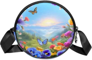 Travel Crossbody Bags for Women, Round, Shoulder Bag, sunrise pattern flower and butterflies