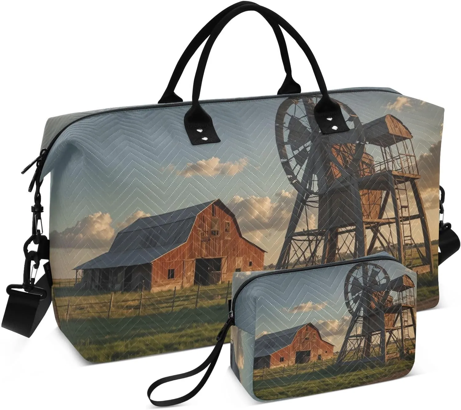 Travel Duffel Bag Old Barn Windmill Gym Bag Sports Tote Bag with Multiple Interior Pockets Shoulder Weekender Bag for Women Men with Toiletry Bag 20.5”x 7.9”x 13.8