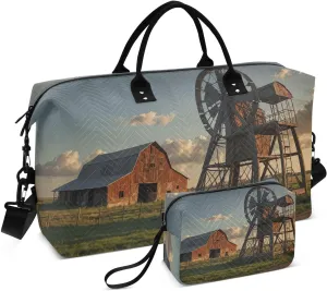 Travel Duffel Bag Old Barn Windmill Gym Bag Sports Tote Bag with Multiple Interior Pockets Shoulder Weekender Bag for Women Men with Toiletry Bag 20.5”x 7.9”x 13.8