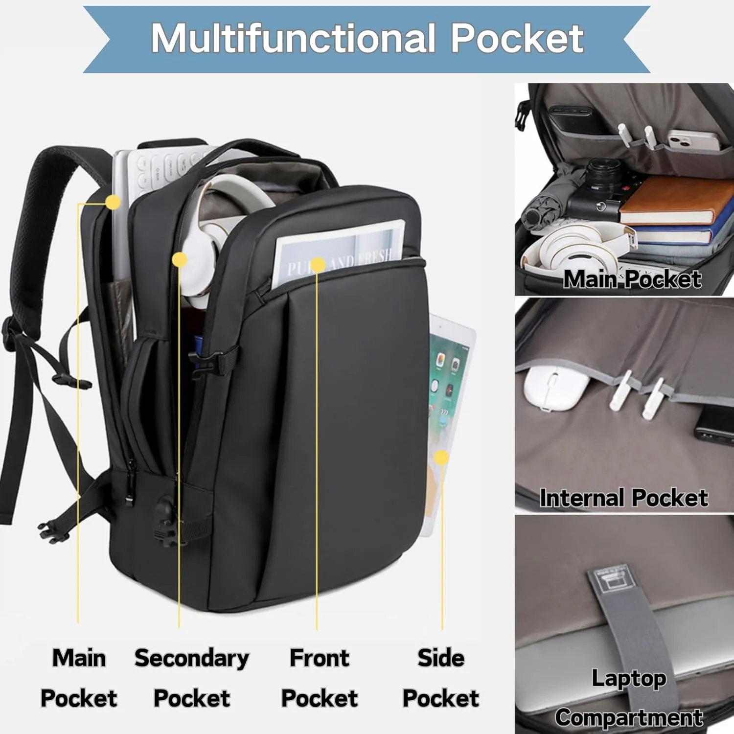 Travel Laptop Backpack for Men Women, Carry On Backpack Airline Approved Waterproof, 15.6" Business Work Backpack with USB Charging Port Rucksack Casual Daypack for Commute College Travel