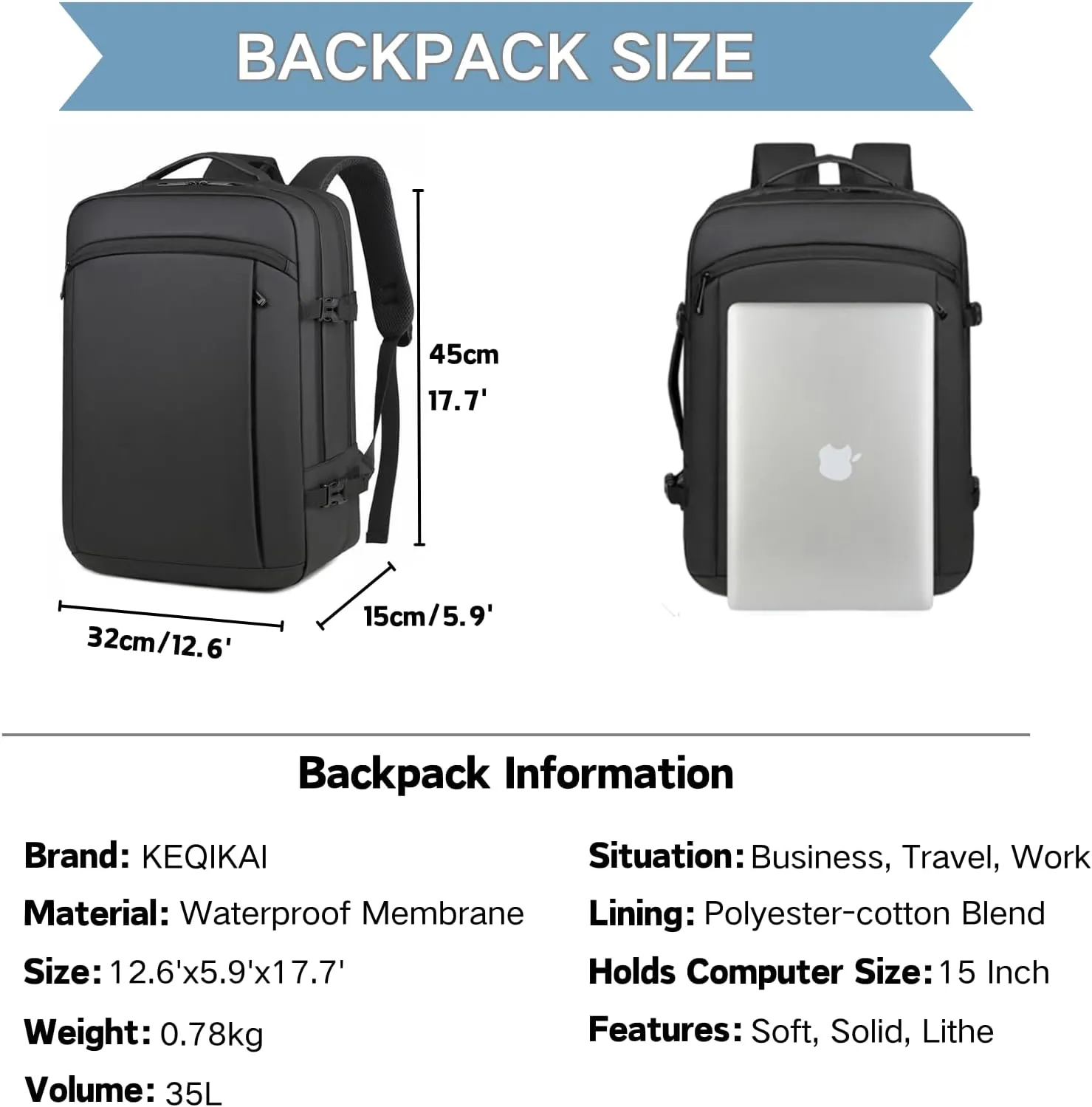 Travel Laptop Backpack for Men Women, Carry On Backpack Airline Approved Waterproof, 15.6" Business Work Backpack with USB Charging Port Rucksack Casual Daypack for Commute College Travel