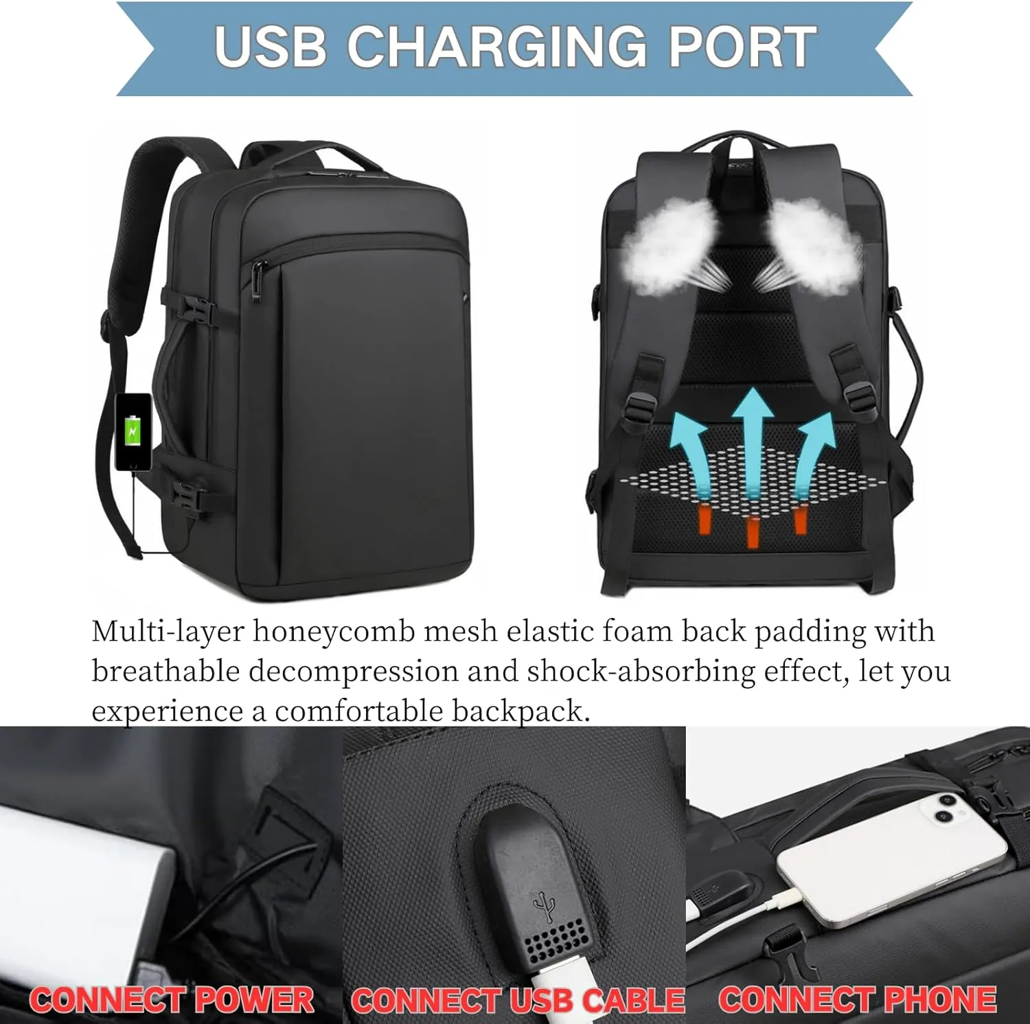 Travel Laptop Backpack for Men Women, Carry On Backpack Airline Approved Waterproof, 15.6" Business Work Backpack with USB Charging Port Rucksack Casual Daypack for Commute College Travel
