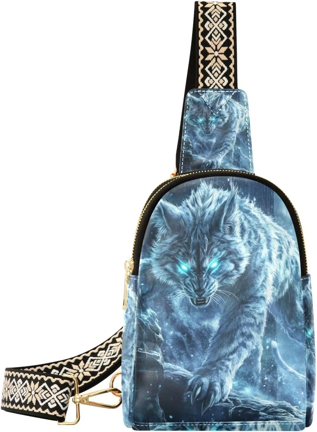 trendy Blue Glitter Evil Wolf fanny pack cross cute for women leather crossbody for travel