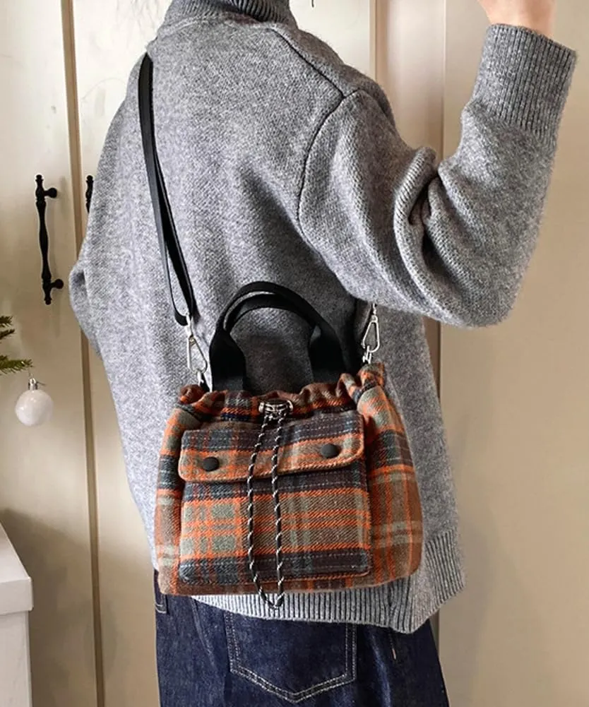 Trendy Bucket Crossbody Bags for Women Checkered Shoulder Purse with Drawstring Small Ladies Tote Handbags