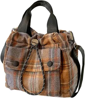 Trendy Bucket Crossbody Bags for Women Checkered Shoulder Purse with Drawstring Small Ladies Tote Handbags