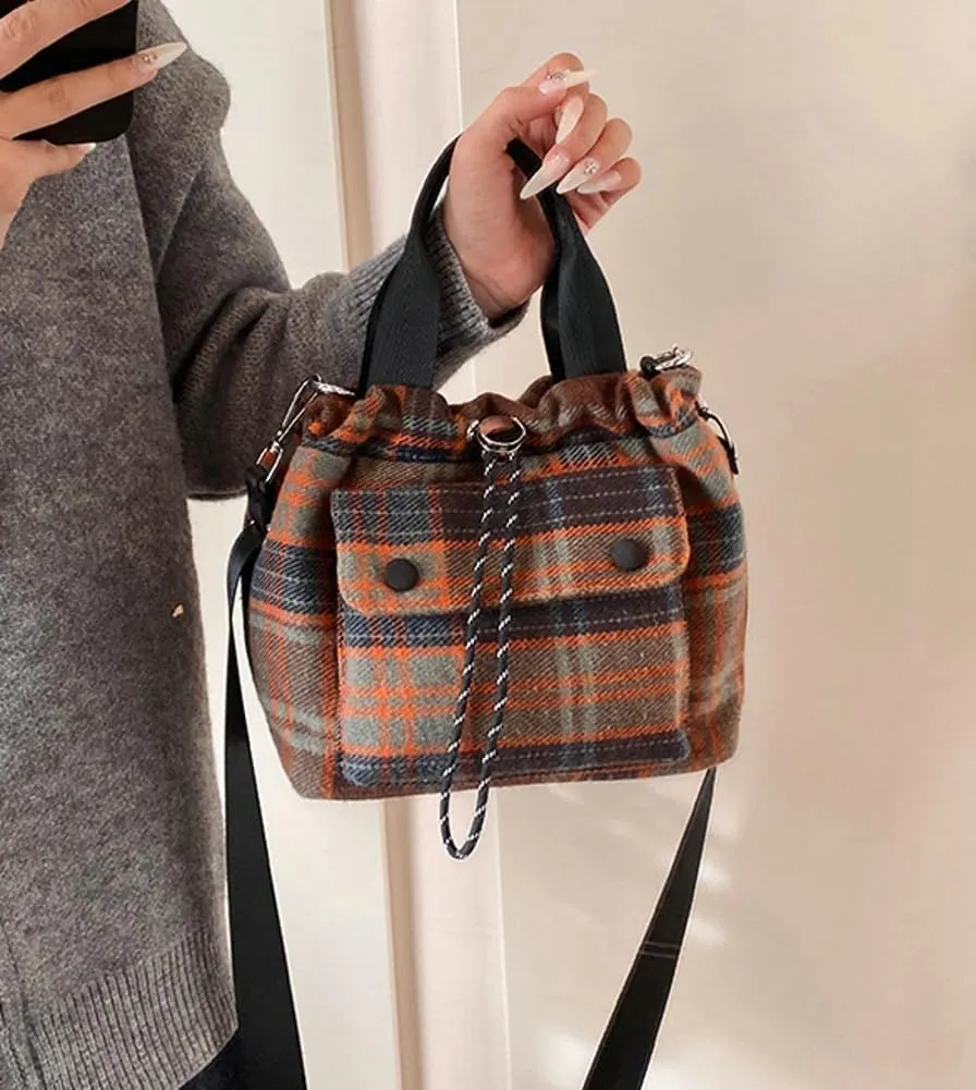Trendy Bucket Crossbody Bags for Women Checkered Shoulder Purse with Drawstring Small Ladies Tote Handbags