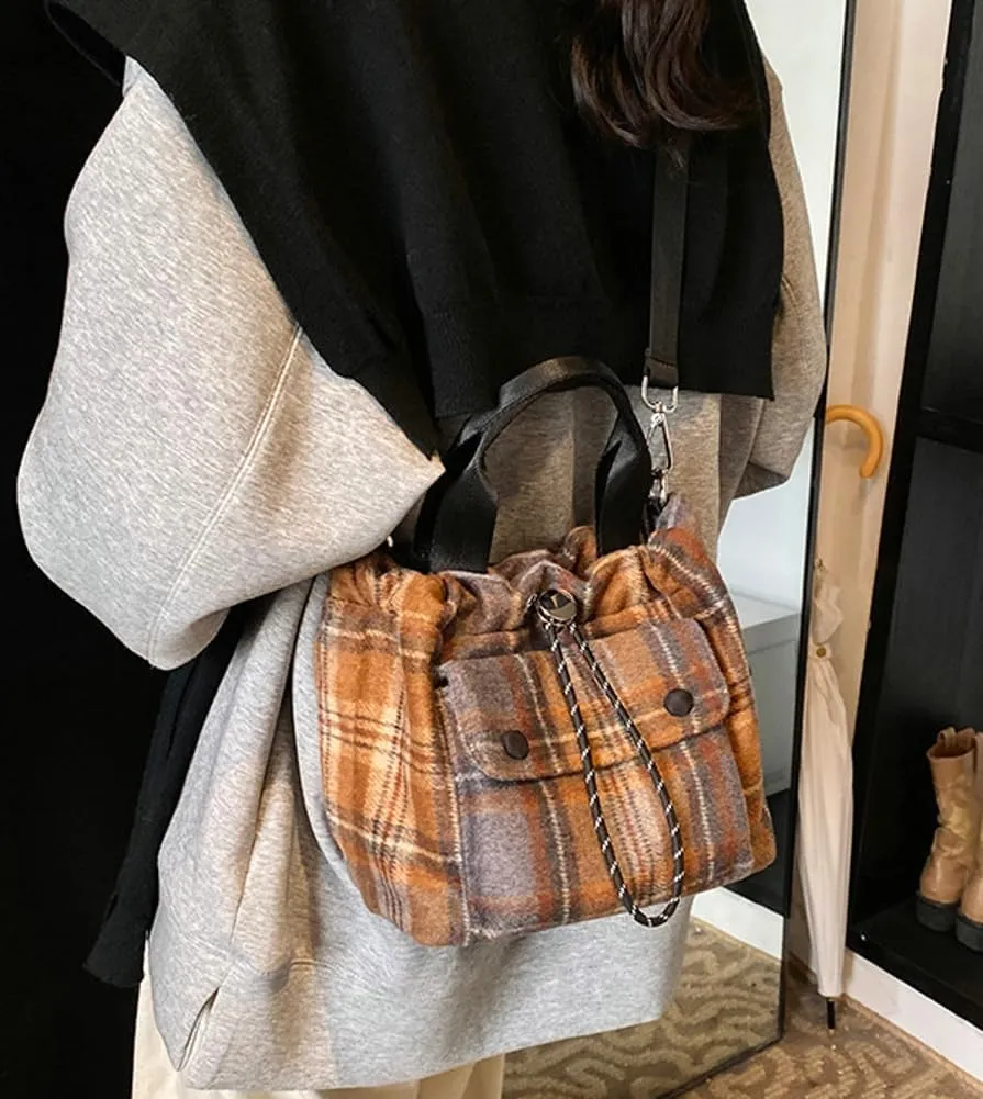 Trendy Bucket Crossbody Bags for Women Checkered Shoulder Purse with Drawstring Small Ladies Tote Handbags