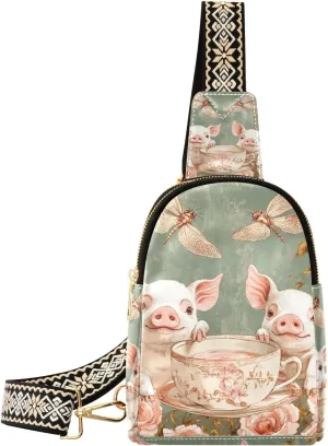 trendy Cartoon Cute Teacup Pig Flower Pink crossbody bags anti-theft leather sling bag for for day pack