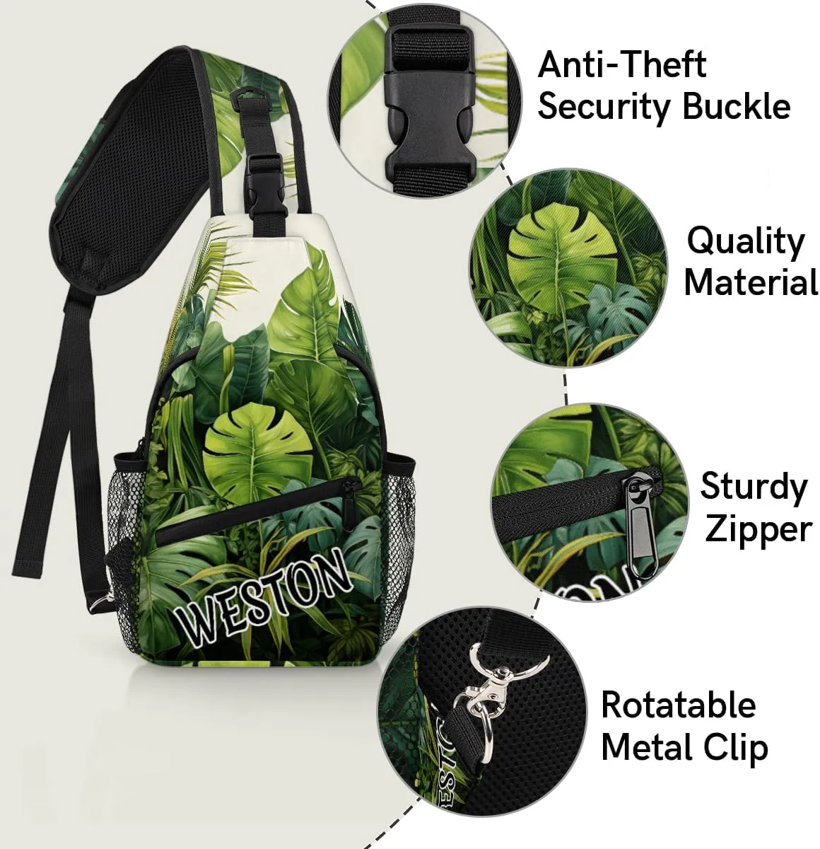 Tropical Jungle Palms Custom Sling Bag with name, Personalized Crossbody Sling Backpack for Women Men Outdoor Sports Chest Bag