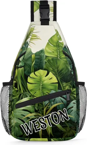 Tropical Jungle Palms Custom Sling Bag with name, Personalized Crossbody Sling Backpack for Women Men Outdoor Sports Chest Bag